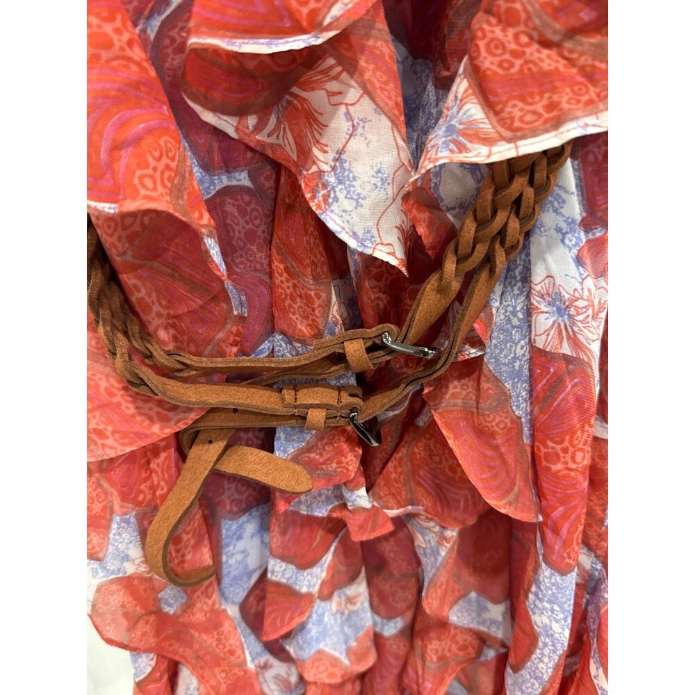 Jessica Simpson Ruffled Midi Dress Boho Style Red & Blue Floral Print Belted Siz - Picture 4 of 5